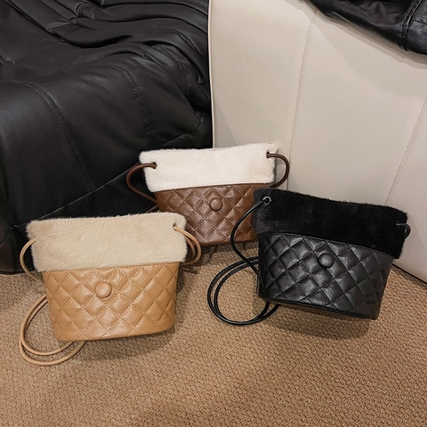 Eimer Tasche Gestepptes PU Leder Und Kunstpelz Plüsch Patchwork Umhängetasche Für Frauen Retro