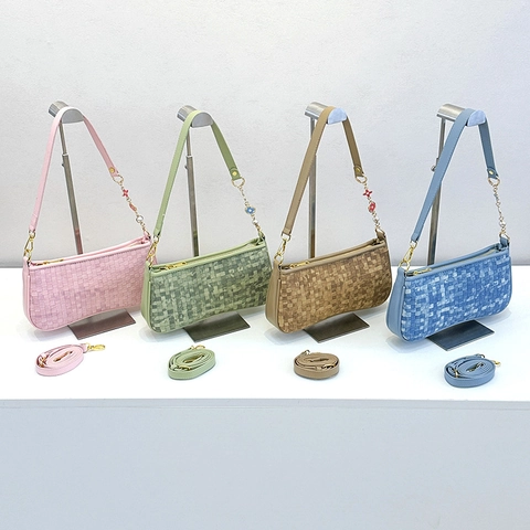 Woven PU Leather Baguette Bag With Floral Artificial Pearl Charm Detachable Strap Elegant Underarm Shoulder Bag For Women