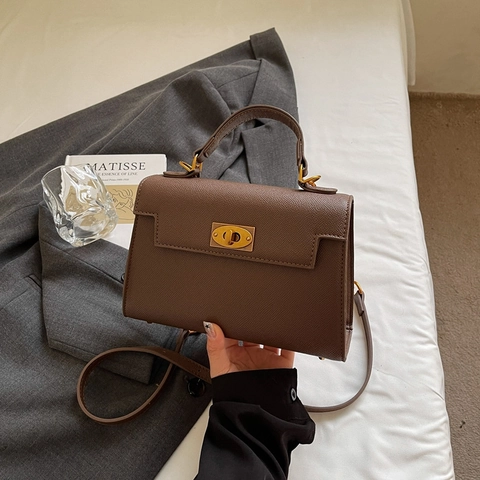 Damen PU Leder Handtasche Vintage Crossbody Tasche Gold Drehverschluss Henkeltasche Modische Schultertasche