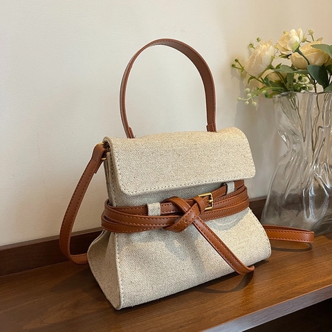 Bolso De Mano Retro De Lona Mujer Color Contraste Cuero PU Bolso De Hombro Cruzado Vintage Con Hebilla De Cinturón Decoración