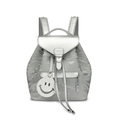 Zaino Da Donna Alla Moda In Pelle PU Stropicciata Impermeabile Retrò Con Ciondolo A Faccina E Serratura Patta Con Coulisse