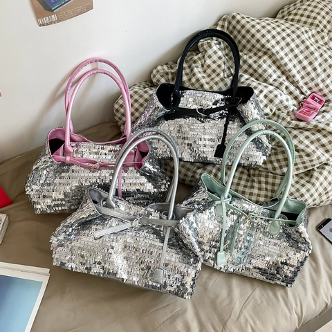 Pailletten Tote Bag Große Kapazität PU Leder Glänzend Metallic Schultertasche Für Damen Y2K Trendige Party Pendeln
