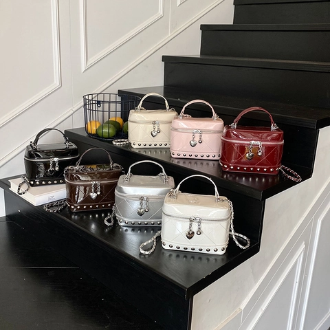 Mini Box Bag PU Patent Leather Diamond Lattice Quilted Rivet Heart Pendant Chain Strap Trendy Elegant Women Shoulder Crossbody