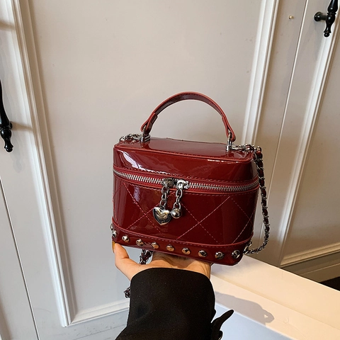 Mini Box Bag PU Patent Leather Diamond Lattice Quilted Rivet Heart Pendant Chain Strap Trendy Elegant Women Shoulder Crossbody