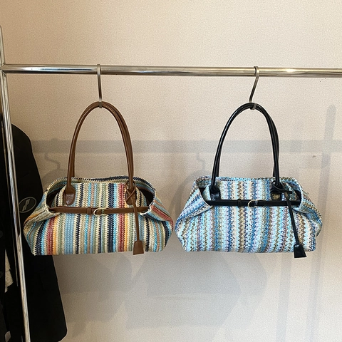 Borsa Tote In Paglia Intrecciata A Righe Bohemienne Borsa A Spalla Con Manico In Pelle PU Per Donna Spiaggia Estate