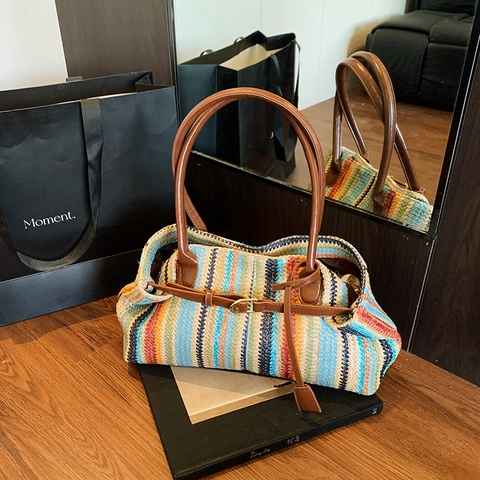 Borsa Tote In Paglia Intrecciata A Righe Bohemienne Borsa A Spalla Con Manico In Pelle PU Per Donna Spiaggia Estate