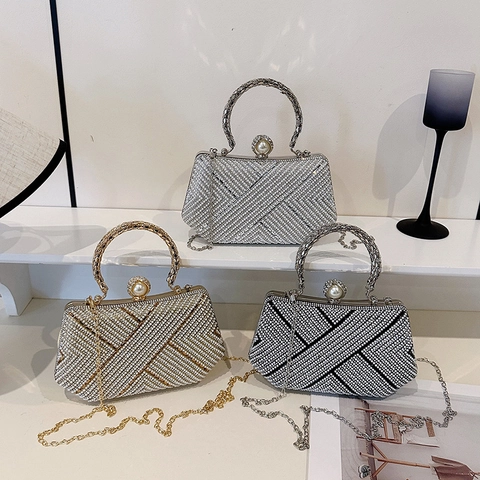 Evening Clutch Bag Rhinestone Artificial Pearl Geometric Pattern Circular Handle Detachable Chain Strap For Women Wedding Party Luxury