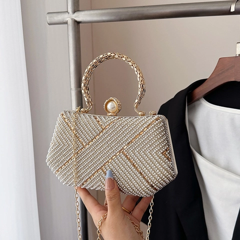 Evening Clutch Bag Rhinestone Artificial Pearl Geometric Pattern Circular Handle Detachable Chain Strap For Women Wedding Party Luxury