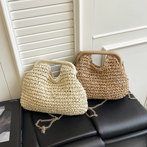 Straw Woven Handbag With Detachable Metal Chain Strap Beach Vacation Solid Color Cloud Bag For Women Handheld Crossbody