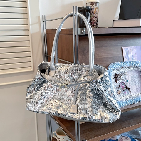 Pailletten Tote Bag Große Kapazität PU Leder Glänzend Metallic Schultertasche Für Damen Y2K Trendige Party Pendeln