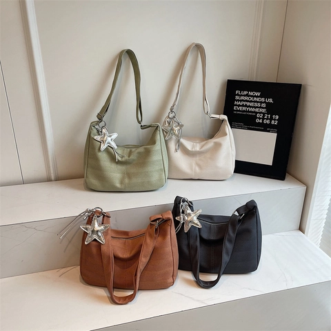 Grand Sac Hobo En Toile Tissée Sac À Bandoulière Avec Pendentif Étoile Motif À Chevrons Style Décontracté Pour Femme