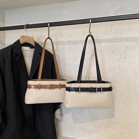Borsa A Spalla In Tela Intrecciata Retro Con Finiture In Pelle Sintetica Fibbia In Metallo Borsa Sottobraccio Donna