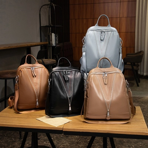 Sac À Dos Mode Femmes Cuir PU Souple Motif Lychee Décor V-Zip Rétro Décontracté Navette Voyage Sac À Épaule