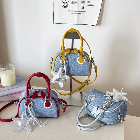 Mini Borsa Boston Da Donna Tessuto Denim Bordo In Pelle PU Borsa A Mano Tracolla Pendente Stella Y2K Fashion