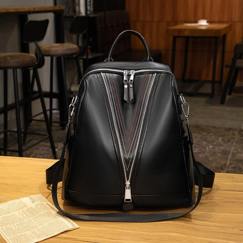 Sac À Dos Mode Femmes Cuir PU Souple Motif Lychee Décor V-Zip Rétro Décontracté Navette Voyage Sac À Épaule