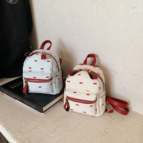 Mini Damen Mode Rucksack PU Leder Schleife Druck Lässig Leicht Pendler Reisetasche