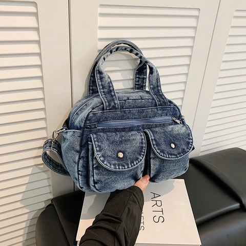 Borsa A Spalla In Denim Retrò Lavato Tasche Multiple Stile Cargo Borsa A Tracolla Borsa A Mano Per Donna Moda Vintage Casual