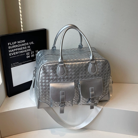 Große Gewebte PU Leder Reisetasche Geflochtene Handtasche Mit Vordertaschen Und Verstellbarem Schultergurt Damen