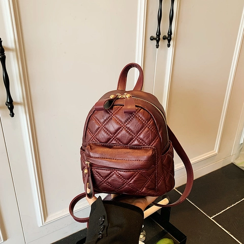 Mini Rugzak Met Ruitpatroon PU Leer Gouden Rits Casual Kleine Modieuze Dagrugzak Voor Dames