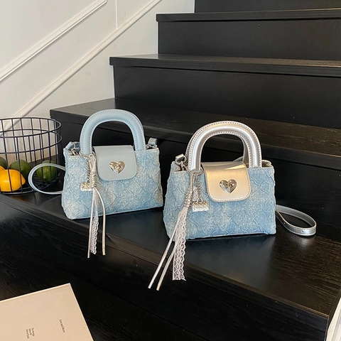 Borsa A Mano In Denim Da Donna Arricciata Trapuntata Serratura In Metallo Cuore Tracolla Stile Sweet Cool
