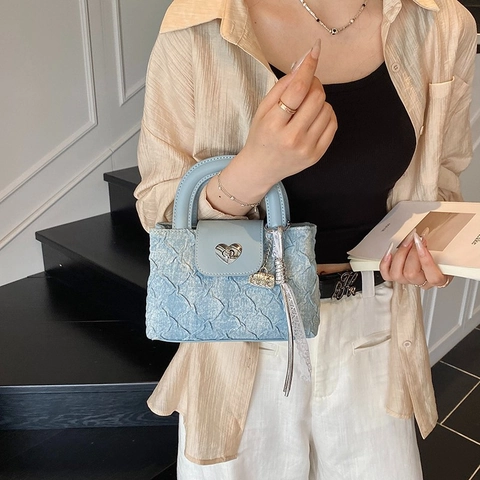 Borsa A Mano In Denim Da Donna Arricciata Trapuntata Serratura In Metallo Cuore Tracolla Stile Sweet Cool