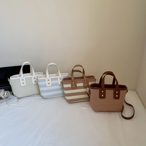Vintage Gewebte Stroh Eimertasche Damen Mode Gestreifte Handtasche Mit Verstellbarem Schultergurt Metallnieten