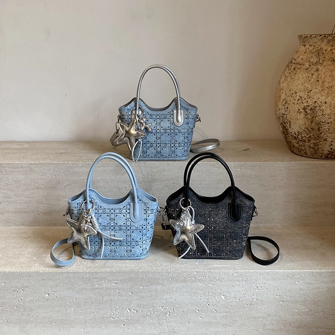 Rhinestone Rivet Diamond Lattice Denim PU Leren Emmer Tas Dames Trendy Handtas Schoudertas Crossbody Ster Hanger