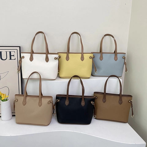 Large Capacity Women Tote Bag Lychee Grain PU Leather Shoulder Bag Vintage Contrast Handle Fashion Commute Office Handbag
