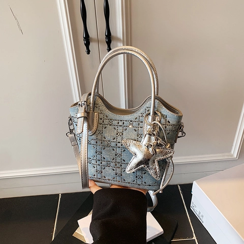 Rhinestone Rivet Diamond Lattice Denim PU Leren Emmer Tas Dames Trendy Handtas Schoudertas Crossbody Ster Hanger