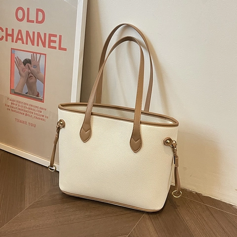 Large Capacity Women Tote Bag Lychee Grain PU Leather Shoulder Bag Vintage Contrast Handle Fashion Commute Office Handbag