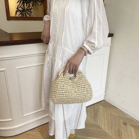 Straw Woven Handbag With Detachable Metal Chain Strap Beach Vacation Solid Color Cloud Bag For Women Handheld Crossbody