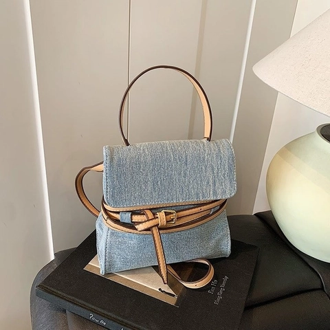 Women Vintage Denim Texture PU Leather Handbag Fashion Small Square Crossbody Shoulder Bag With Belt Buckle Decor Chic