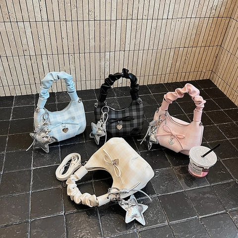 Sac À Main À Carreaux Gingham En Cuir PU Poignée Plissée Décoration Nœud Pendentif Cœur Sac Bandoulière