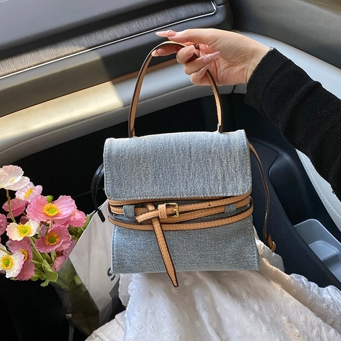 Women Vintage Denim Texture PU Leather Handbag Fashion Small Square Crossbody Shoulder Bag With Belt Buckle Decor Chic