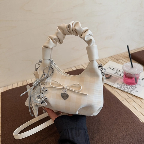 Sac À Main À Carreaux Gingham En Cuir PU Poignée Plissée Décoration Nœud Pendentif Cœur Sac Bandoulière