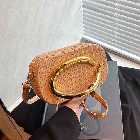 Sac Bandoulière Tissé Femme Cuir PU Poignée Métallique Rétro Sac Épaule Boîte Pochette Pour Soirée Voyage Mode