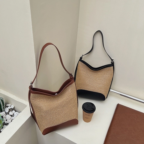 Borsa A Spalla Hobo In Paglia Intrecciata Grande Capacità Con Finiture In Pelle PU E Fibbia Magnetica Da Donna Estate