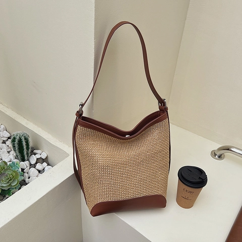 Borsa A Spalla Hobo In Paglia Intrecciata Grande Capacità Con Finiture In Pelle PU E Fibbia Magnetica Da Donna Estate