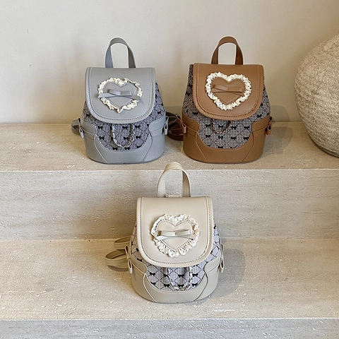 Mini Zaino In Pelle PU E Tessuto A Quadri Pizzo Cuore Fiocco Catena Di Metallo Stile Kawaii Per Donne Ragazze