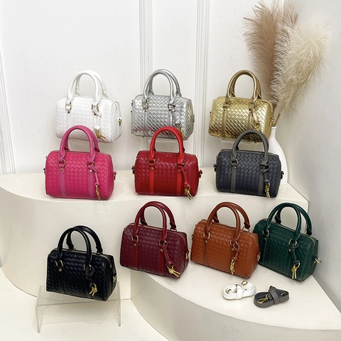 Bolso Boston Tejido De Cuero PU Con Asa Superior Bandolera Para Mujer Viaje Casual Estilo Retro Herrajes Dorados