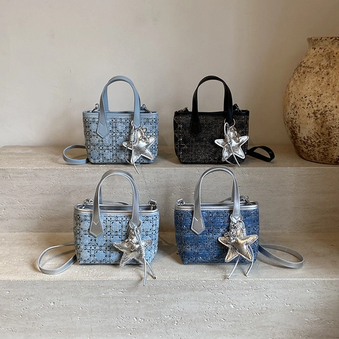 Women Denim Crossbody Bag Rhinestone Studded Geometric Pattern Handbag With Star Pendant Adjustable Strap Casual Fashion