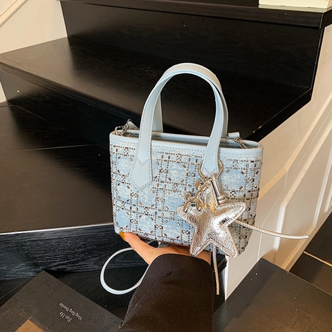 Women Denim Crossbody Bag Rhinestone Studded Geometric Pattern Handbag With Star Pendant Adjustable Strap Casual Fashion