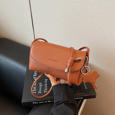 Women Litchi Grain PU Leather Crossbody Bag Chic Niche Flap Shoulder Purse With Cute Decorative Elephant Charm