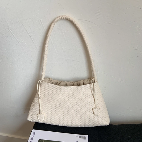 Bolso De Axila De Cuero PU Tejido Para Mujer Retro Simple Gran Capacidad Bolso De Hombro Con Bolsa Interior Con Cordón