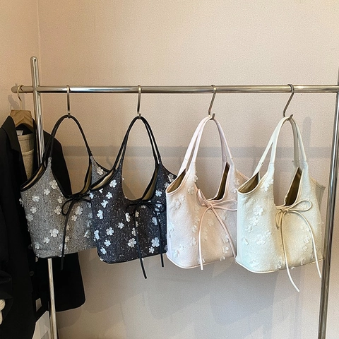 Sac Cabas Femme Appliques Florales 3D Nœud Cuir PU Grande Capacité Sac À Main Bandoulière Style Doux Élégant