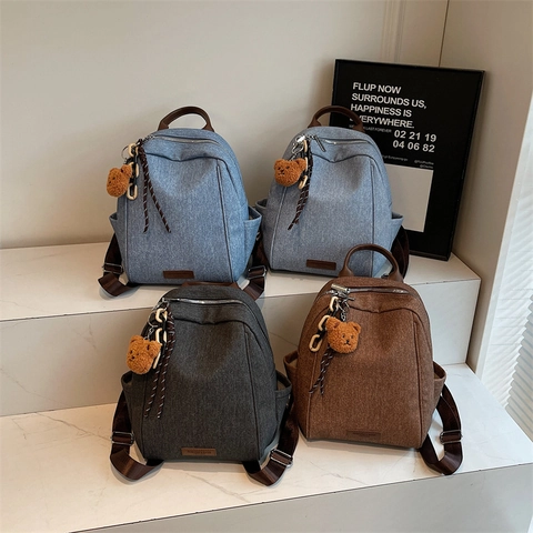 Zaino Di Moda In Tessuto Denim Retrò Per Donna Borsa Da Scuola Casual Con Ciondolo A Orso Viaggio Grande Capacità