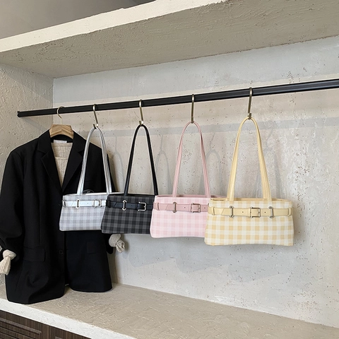 Dames PU Lederen Geruite Baguette Tas Oksel Schoudertas Met Metalen Gesp Ruitjespatroon Casual Streetwear