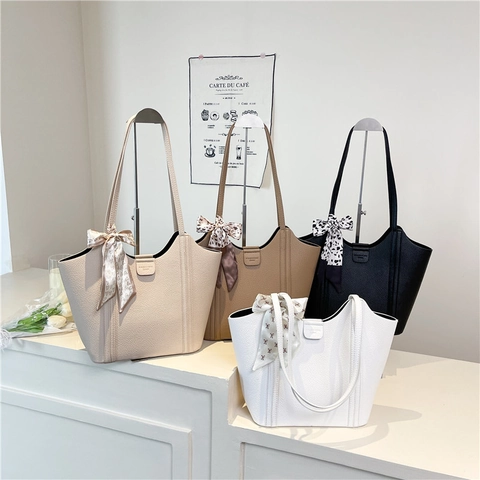 Damen Shopping-Tasche Große Kapazität Lychee-Muster PU-Leder Schultertasche Mit Satin-Schal Vintage Pendler Handtasche