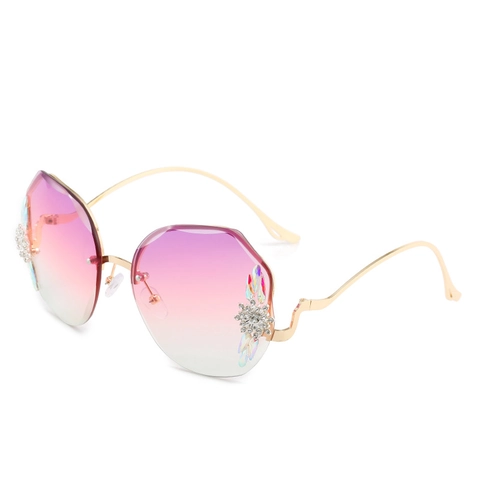 Rimless Oversized Sunglasses Gradient PC Lenses Metal Frame With Rhinestone Flowers UV400 Fashion Eyewear For Women