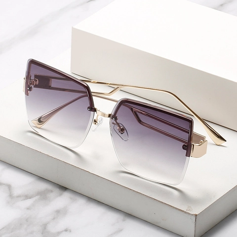 Lunettes De Soleil Carrées Sans Monture Surdimensionnées Protection UV400 Verres Dégradés Branches Métal Doré Femme